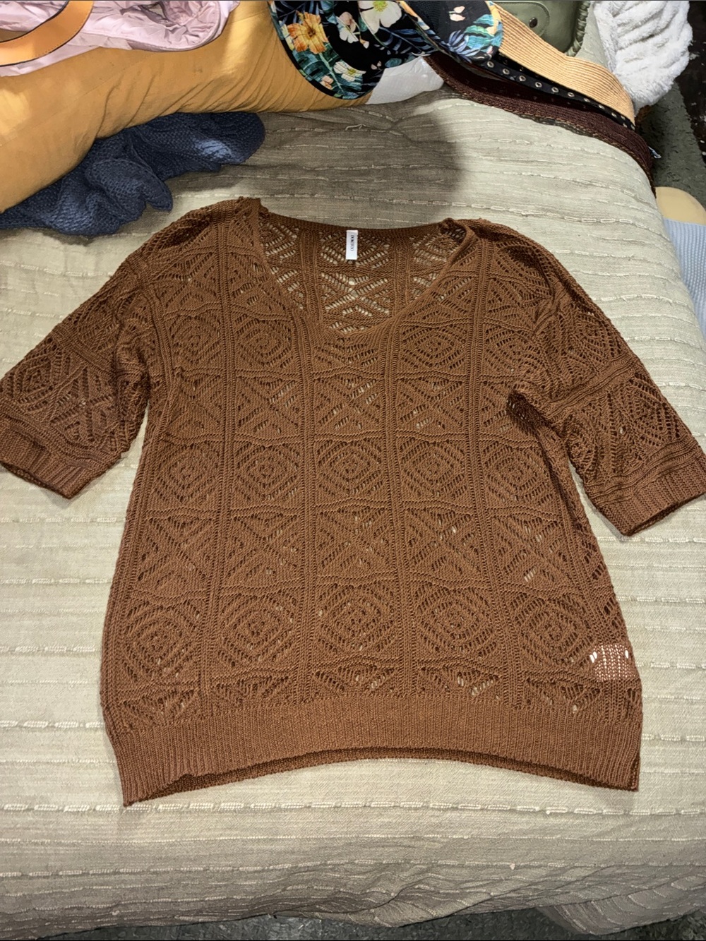 Brown Open-Knit V-Neck Women's Sweater